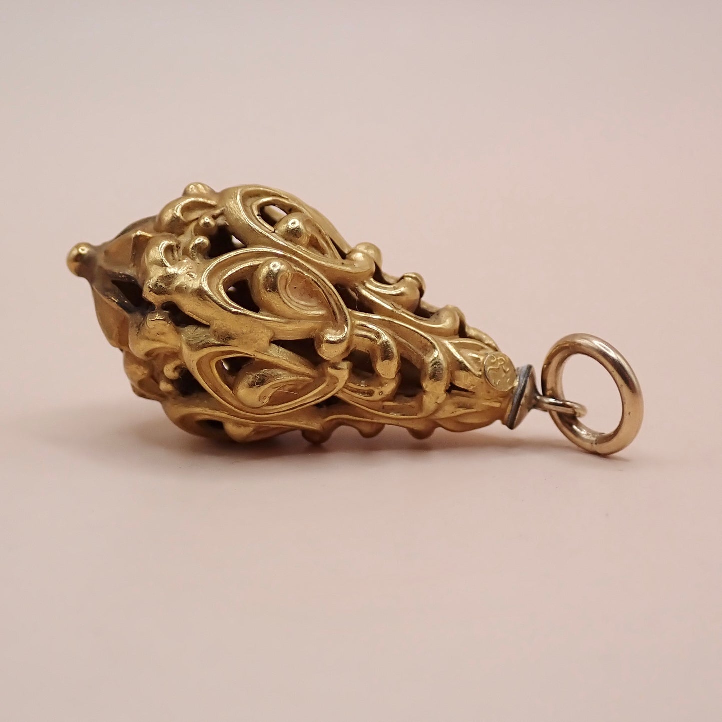 Mid-Century Solid 14K Yellow Gold Victorian Revival Filigree Lantern Cage Pendant