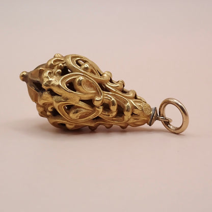 Mid-Century Solid 14K Yellow Gold Victorian Revival Filigree Lantern Cage Pendant