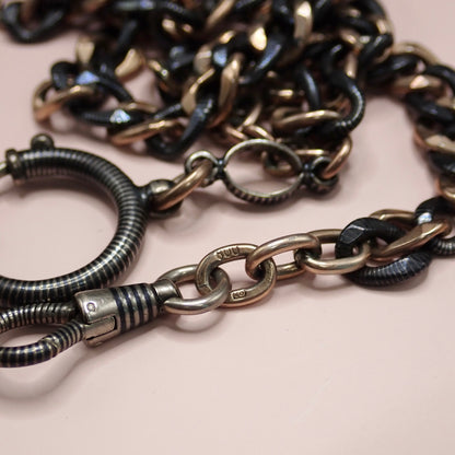 Antique Victorian 800 Niello Silver & 12k Rose Gold Watch Chain Necklace, 18.5"inches MBP5