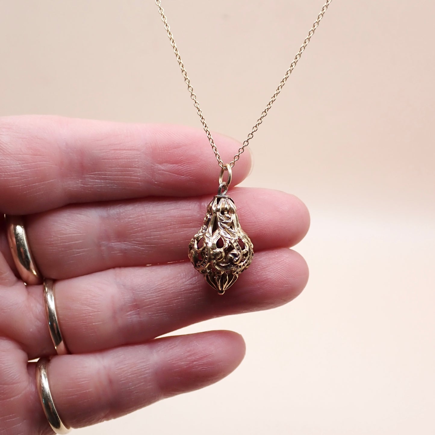 Antique Victorian Revival 14K Yellow Gold Filigree Lantern Cage Pendant