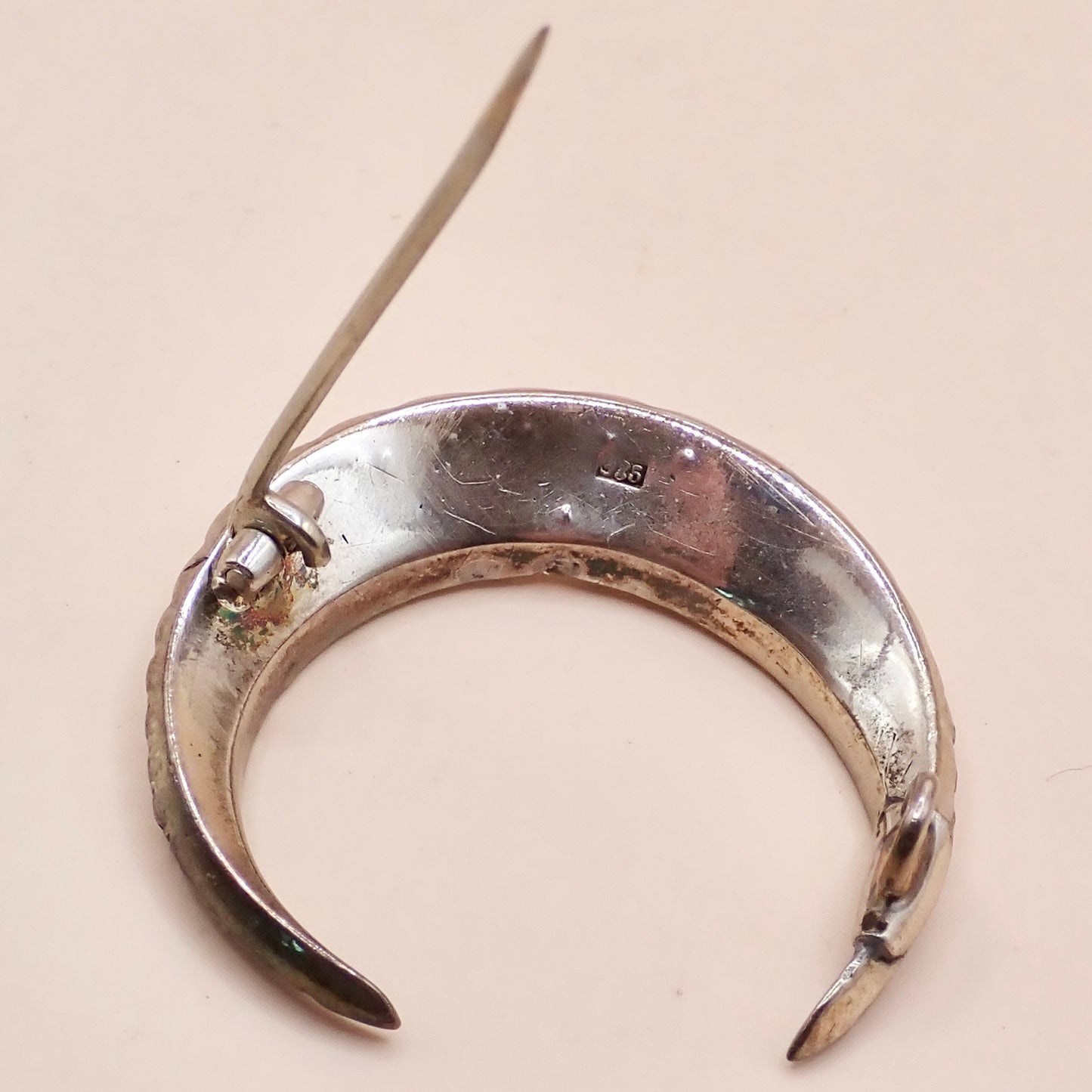 Antique Victorian 835 Silver "Paste Diamond" Crescent Moon Pin Brooch