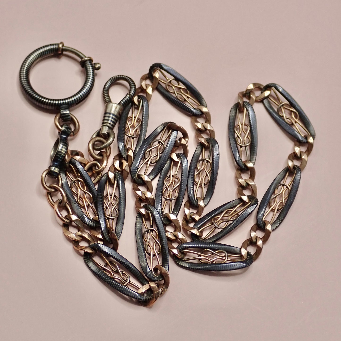 Antique Victorian "Lover's Knot" Open-Work 800 Niello & Rose Gold Vermeil Pocket Wactch Chain, 19-1/8” inches MBP2