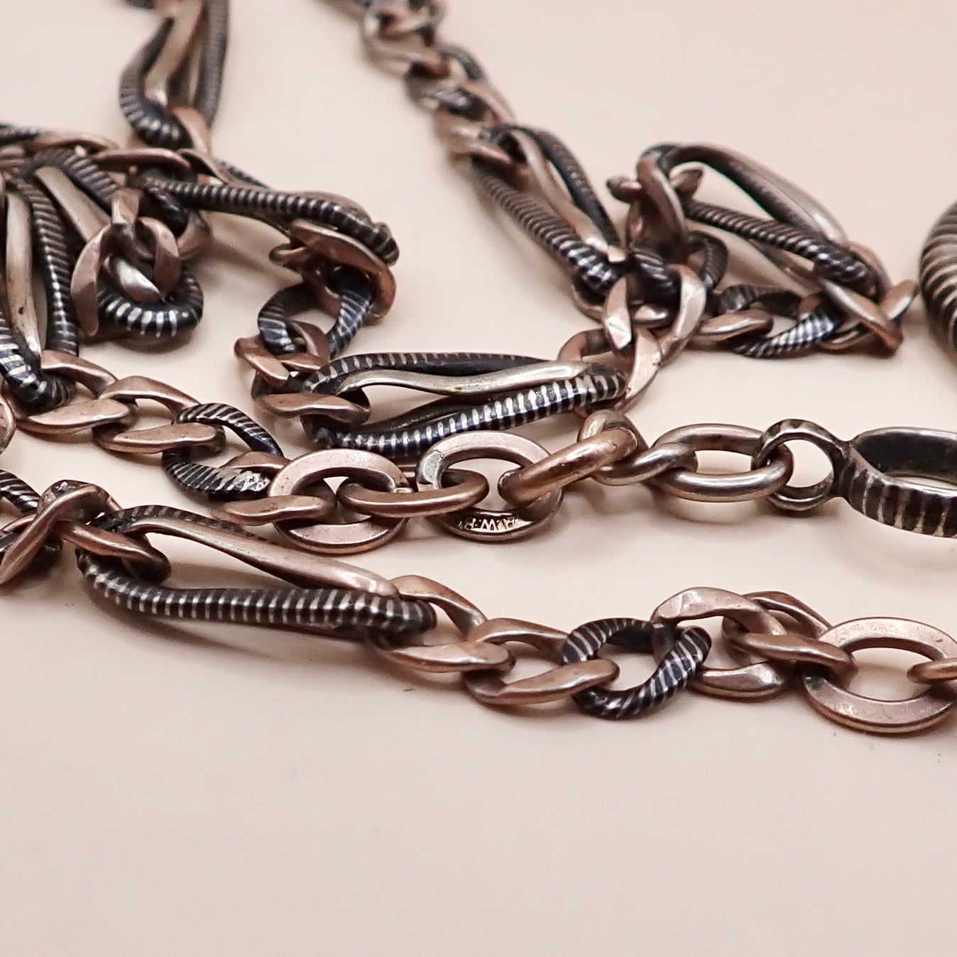 Antique Victorian Niello Silver & 9k Rose Gold Vermeil Pocket Watch Chain Necklace MB72