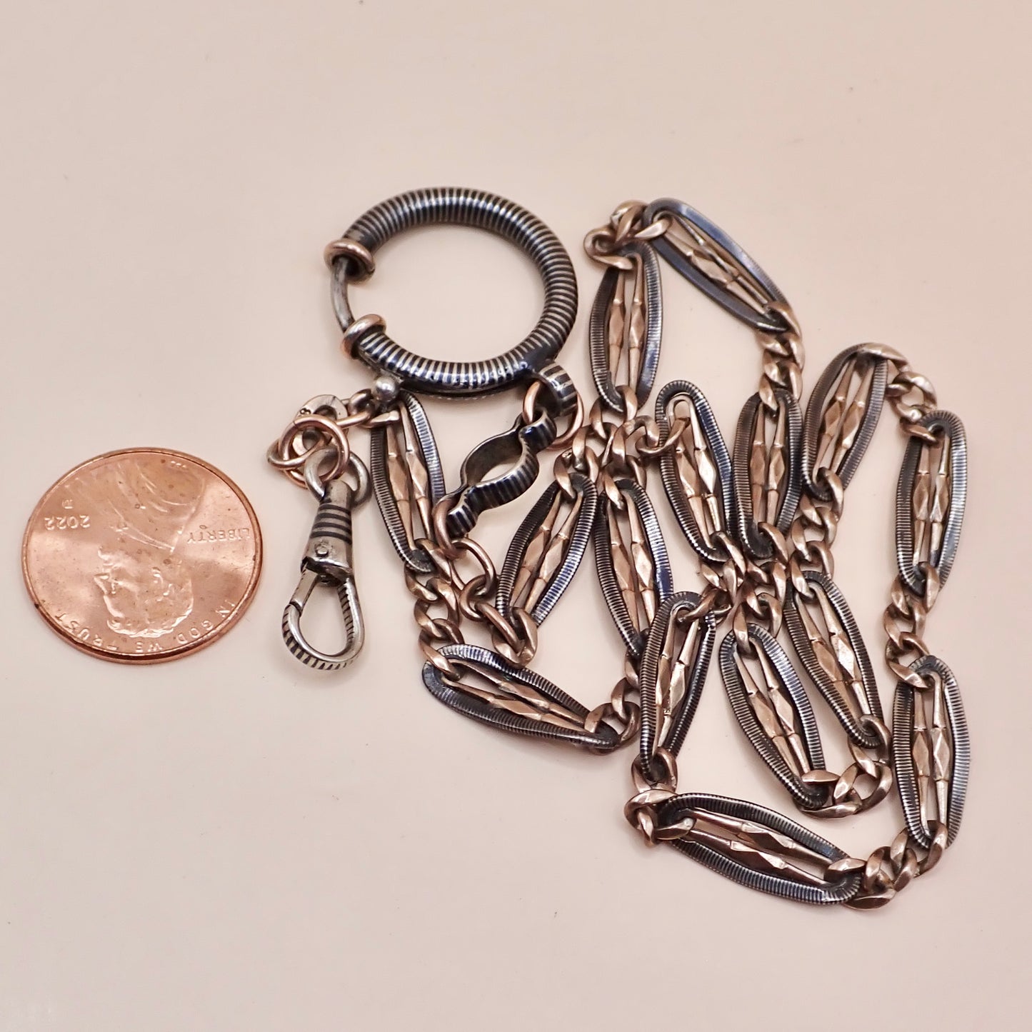 Antique Victorian .800 Silver & 9K Rose Gold Vermeil Niello Trombone Link Necklace MB66