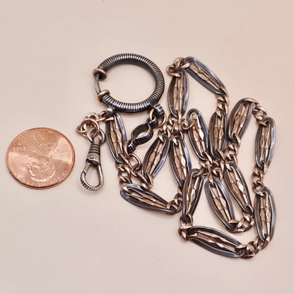Antique Victorian .800 Silver & 9K Rose Gold Vermeil Niello Trombone Link Necklace MB66