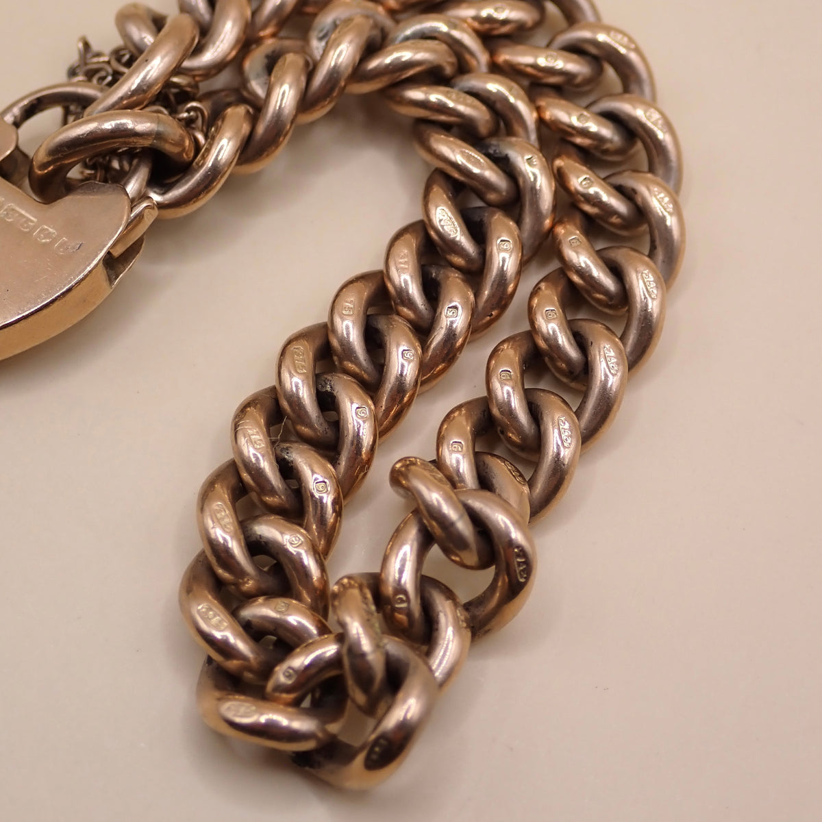 Antique Edwardian 1906 Fully Hallmarked 9k Rose Gold Heart Padlock Curb Bracelet 37.7grams