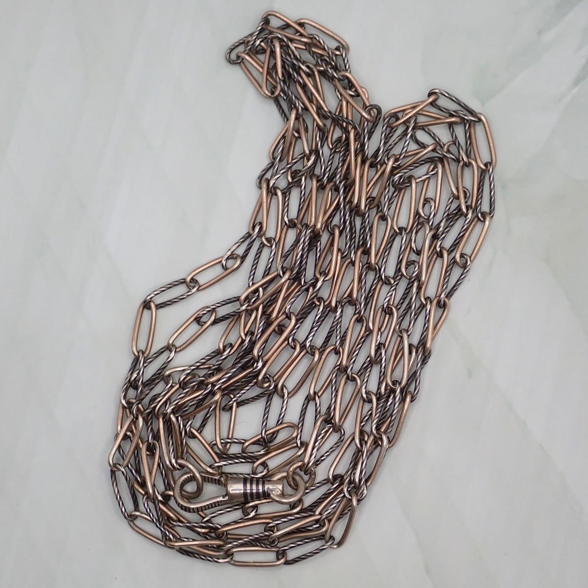 Antique Victorian Niello & Rose Gold Vermeil Long Guard Chain Necklace, 57.5" inches, 20.2g MB101