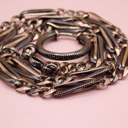 Antique Victorian 800 Silver Niello & Rose Gold Vermeil Pocket Watch Chain Necklace MB75