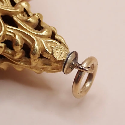 Mid-Century Solid 14K Yellow Gold Victorian Revival Filigree Lantern Cage Pendant