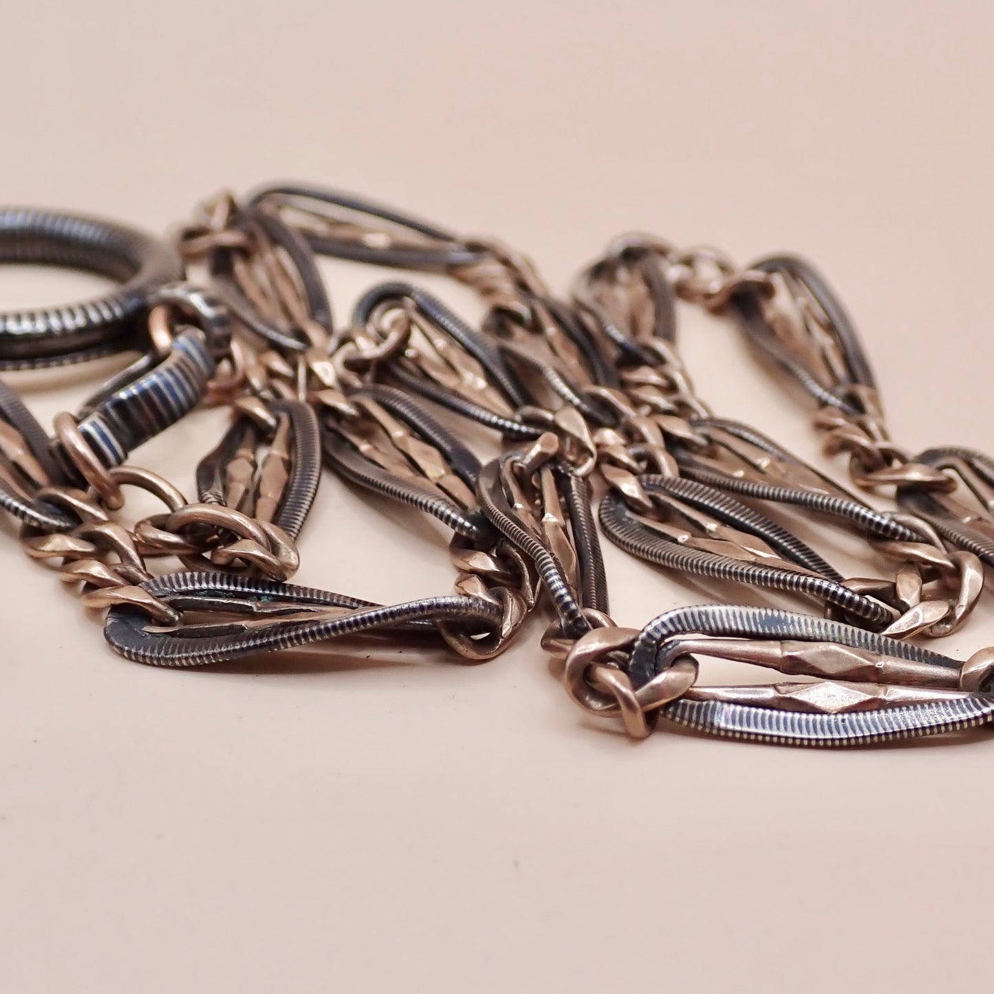Antique Victorian .800 Silver & 9K Rose Gold Vermeil Niello Trombone Link Necklace MB66