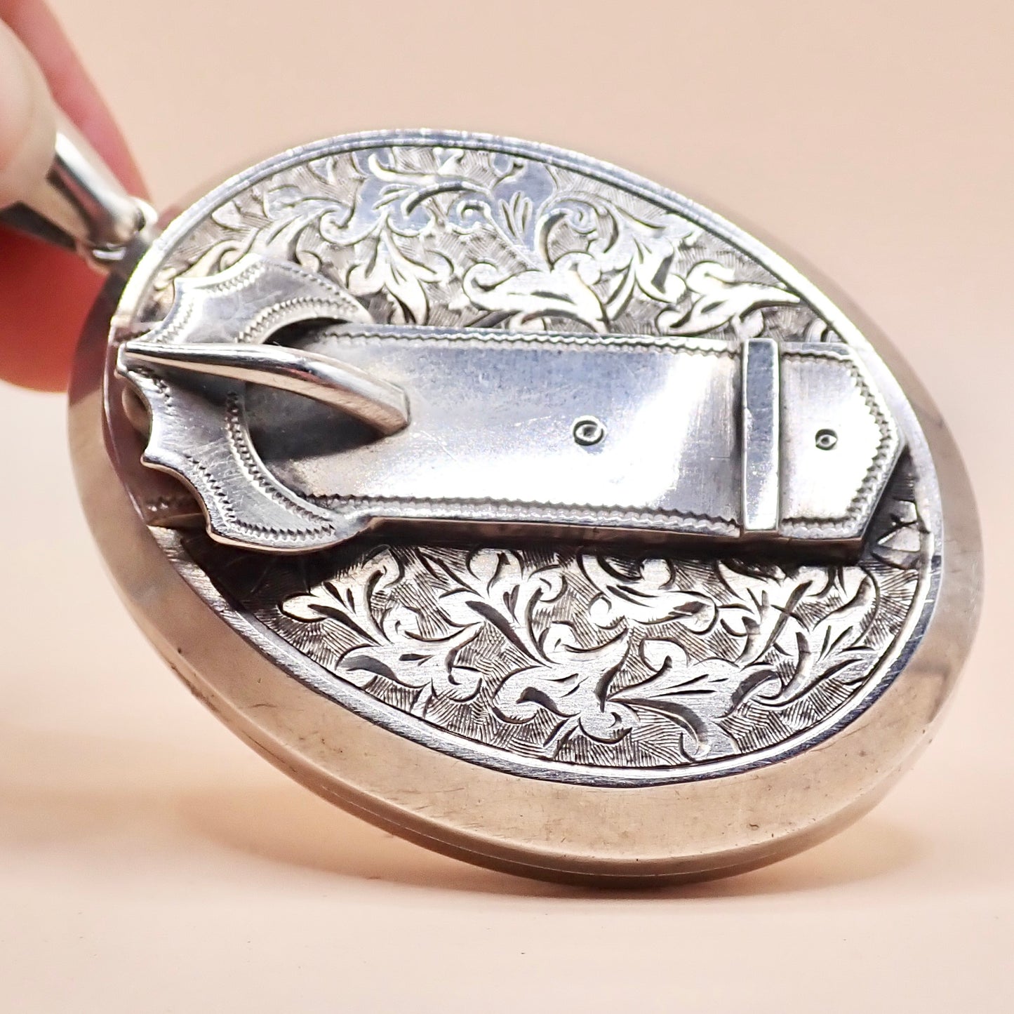 Antique 1879 Sterling Silver Victorian "Belt Buckle& Snowdrop" Locket Pendant
