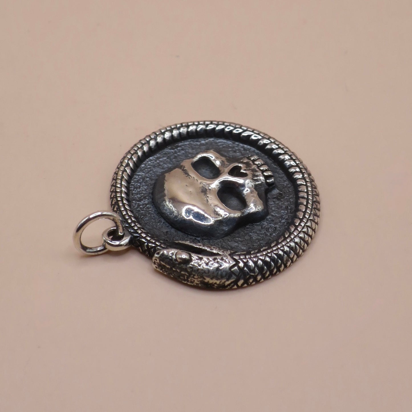 Solid 925 Sterling Silver Ouroboros Snake with Skull Pendant, 27x21mm