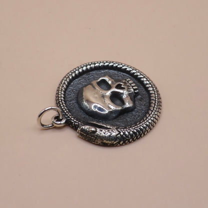 Solid 925 Sterling Silver Ouroboros Snake with Skull Pendant, 27x21mm
