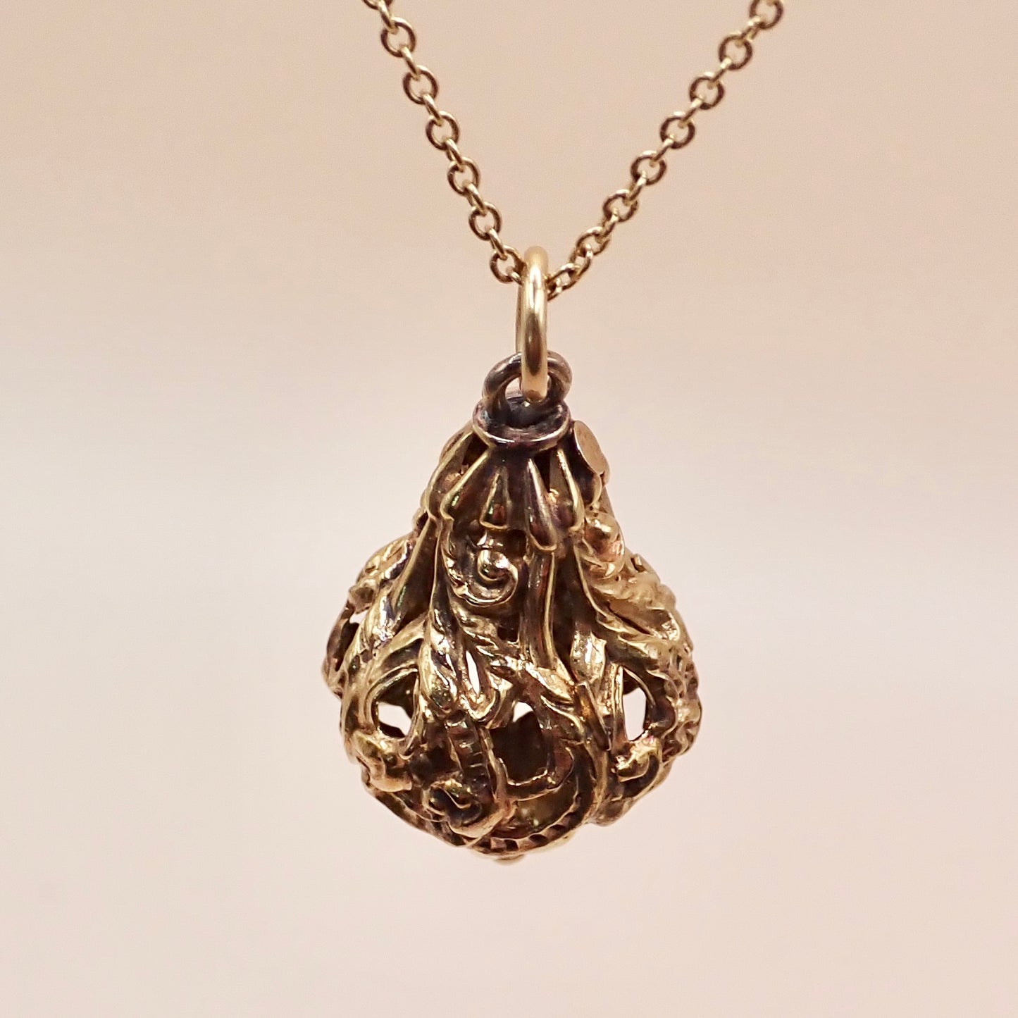 Antique Victorian Revival 14K Yellow Gold Filigree Lantern Cage Pendant