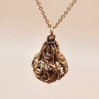 Antique Victorian Revival 14K Yellow Gold Filigree Lantern Cage Pendant