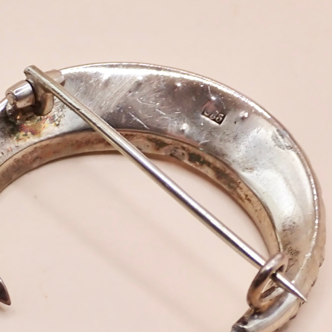 Antique Victorian 835 Silver "Paste Diamond" Crescent Moon Pin Brooch