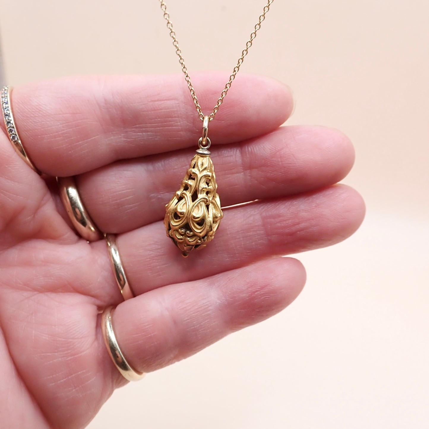 Mid-Century Solid 14K Yellow Gold Victorian Revival Filigree Lantern Cage Pendant