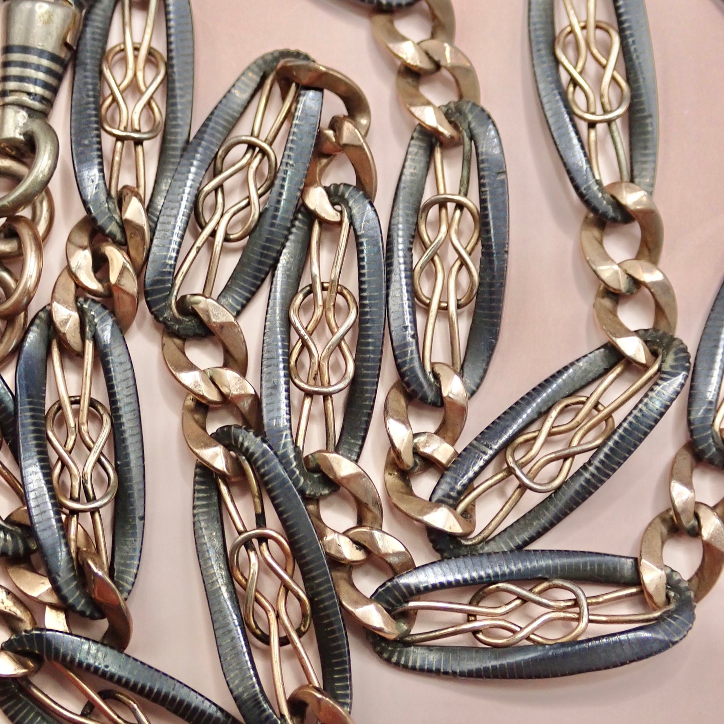 Antique Victorian "Lover's Knot" Open-Work 800 Niello & Rose Gold Vermeil Pocket Wactch Chain, 19-1/8” inches MBP2
