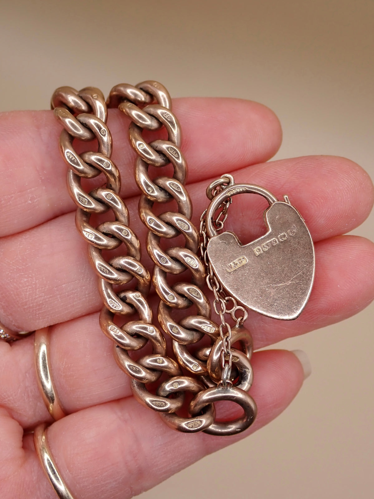 Antique Edwardian 1906 Fully Hallmarked 9k Rose Gold Heart Padlock Curb Bracelet 37.7grams