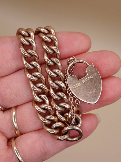 Antique Edwardian 1906 Fully Hallmarked 9k Rose Gold Heart Padlock Curb Bracelet 37.7grams