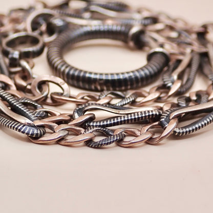 Antique Victorian Niello Silver & 9k Rose Gold Vermeil Pocket Watch Chain Necklace MB72