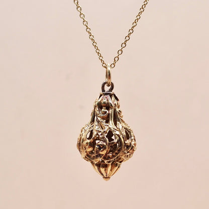 Antique Victorian Revival 14K Yellow Gold Filigree Lantern Cage Pendant
