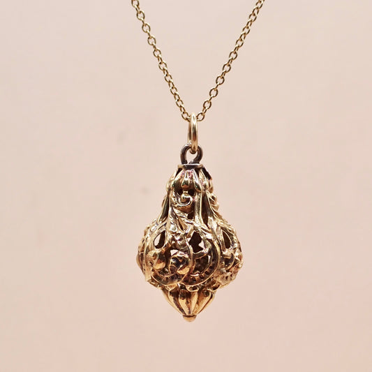 Antique Victorian Revival 14K Yellow Gold Filigree Lantern Cage Pendant