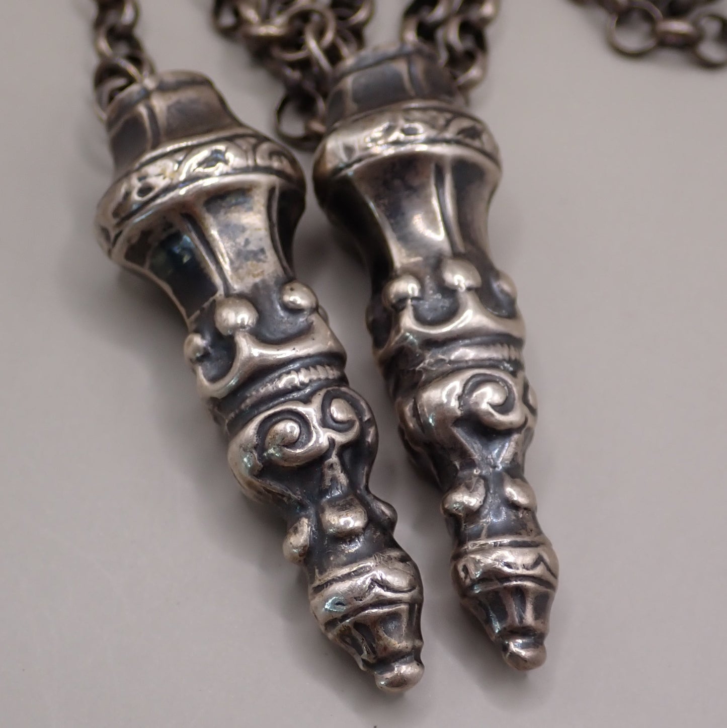 Antique Dutch 835 Silver Jasseron Chain with Ornate Needle Cap Pendants