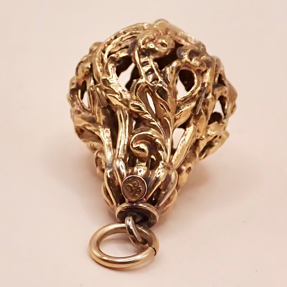Antique Victorian Revival 14K Yellow Gold Filigree Lantern Cage Pendant