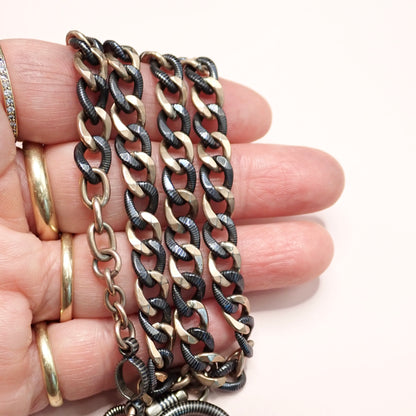 Antique Victorian 800 Niello Silver & 12k Rose Gold Watch Chain Necklace, 18.5"inches MBP5