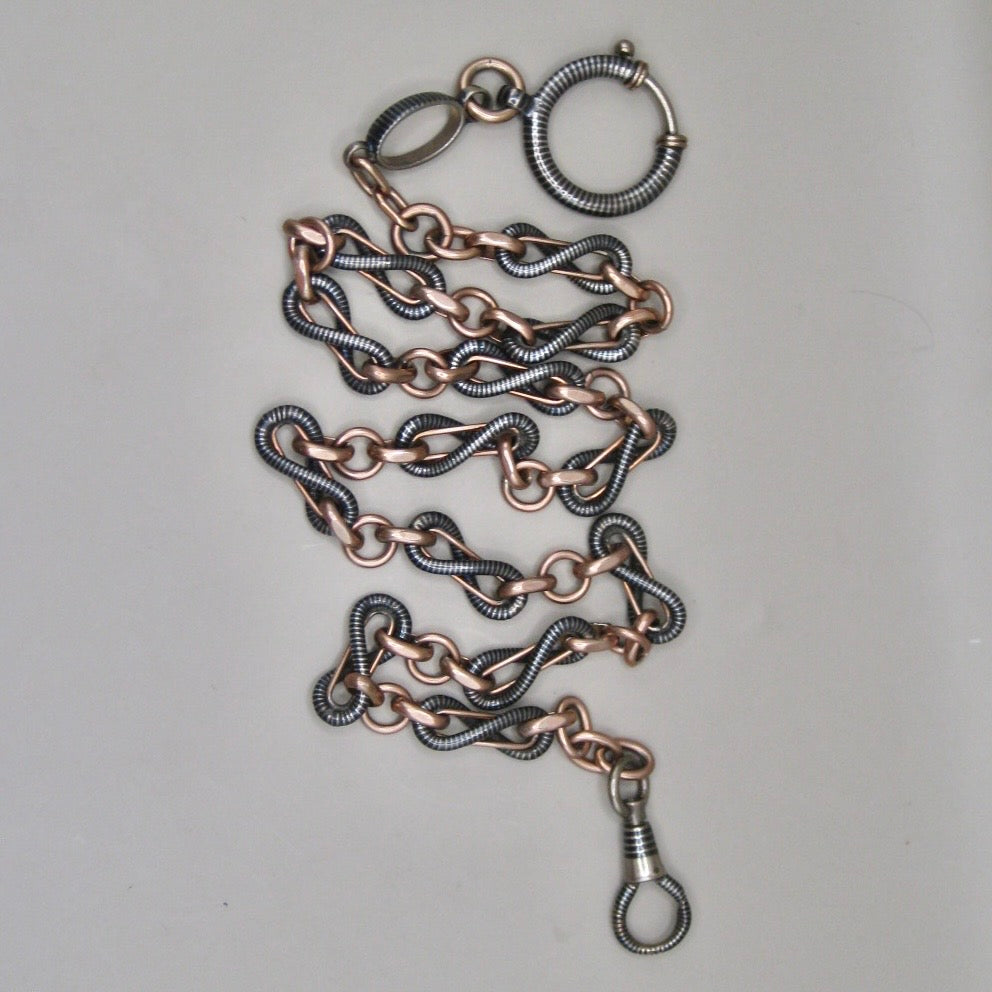 Antique Victorian 800 Silver Niello & 12k Rose Gold Vermeil Pocket Wactch Chain, 18-1/8”inches MBP1