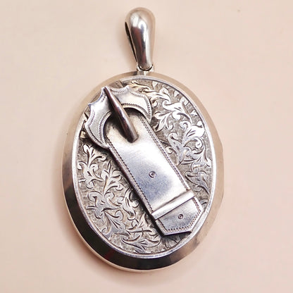 Antique 1879 Sterling Silver Victorian "Belt Buckle& Snowdrop" Locket Pendant