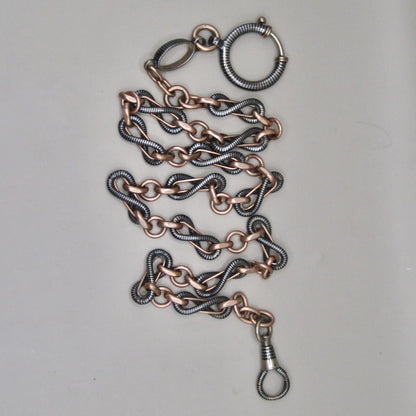Antique Victorian 800 Silver Niello & 12k Rose Gold Vermeil Pocket Wactch Chain, 18-1/8”inches MBP1