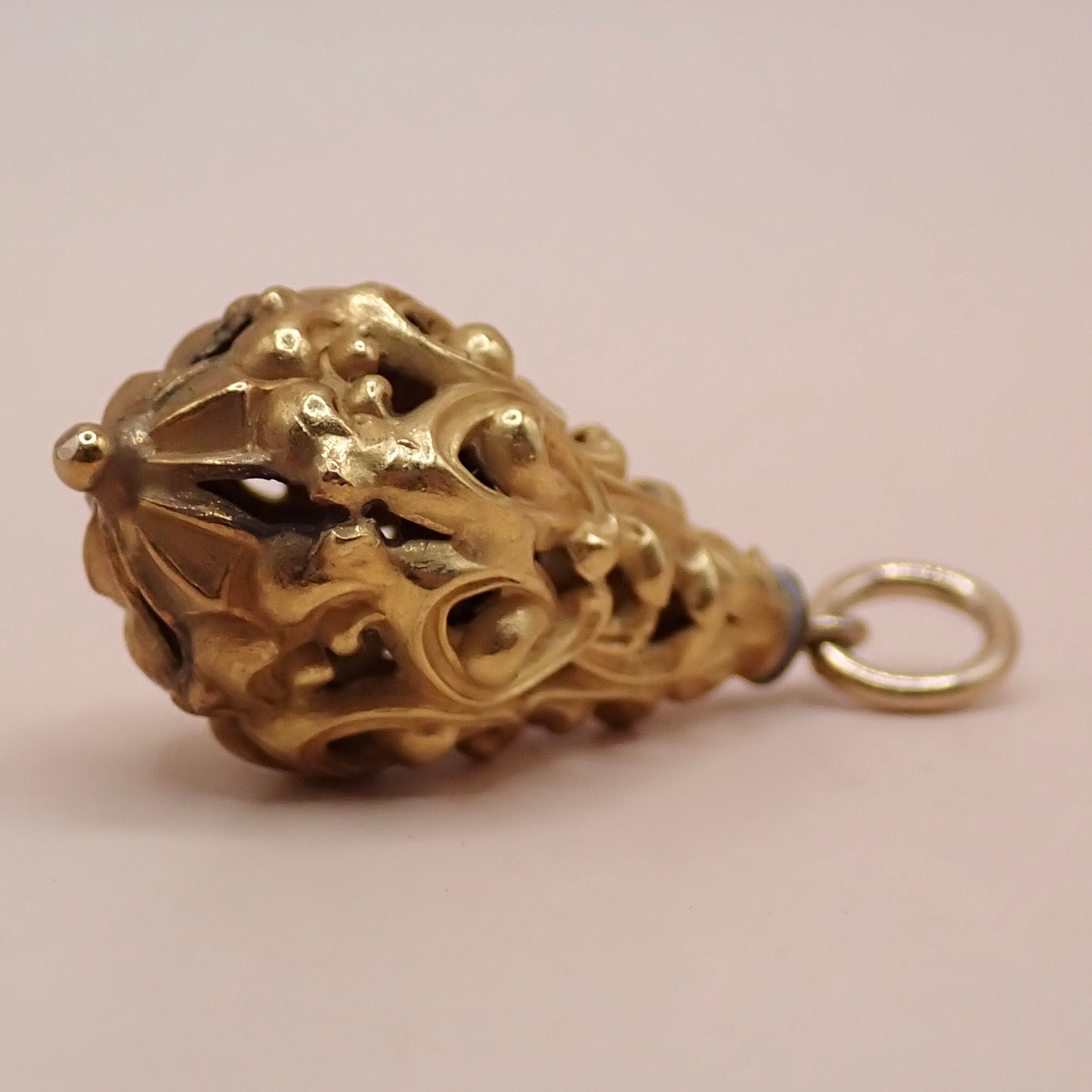 Mid-Century Solid 14K Yellow Gold Victorian Revival Filigree Lantern Cage Pendant