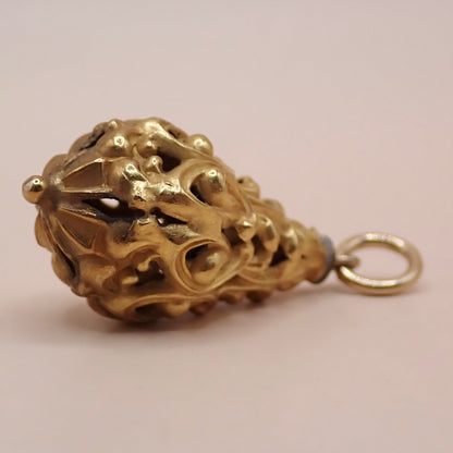 Mid-Century Solid 14K Yellow Gold Victorian Revival Filigree Lantern Cage Pendant