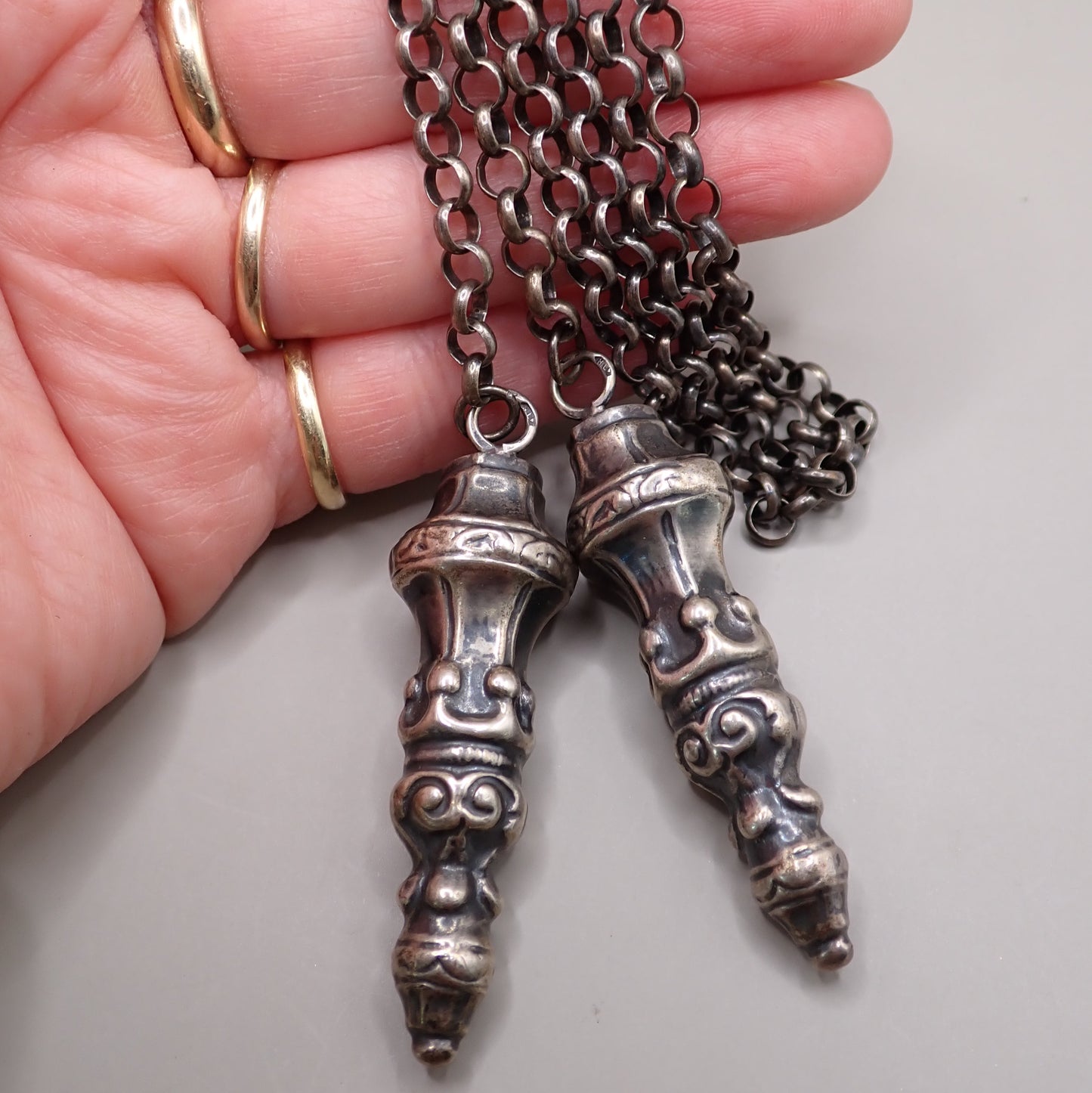 Antique Dutch 835 Silver Jasseron Chain with Ornate Needle Cap Pendants