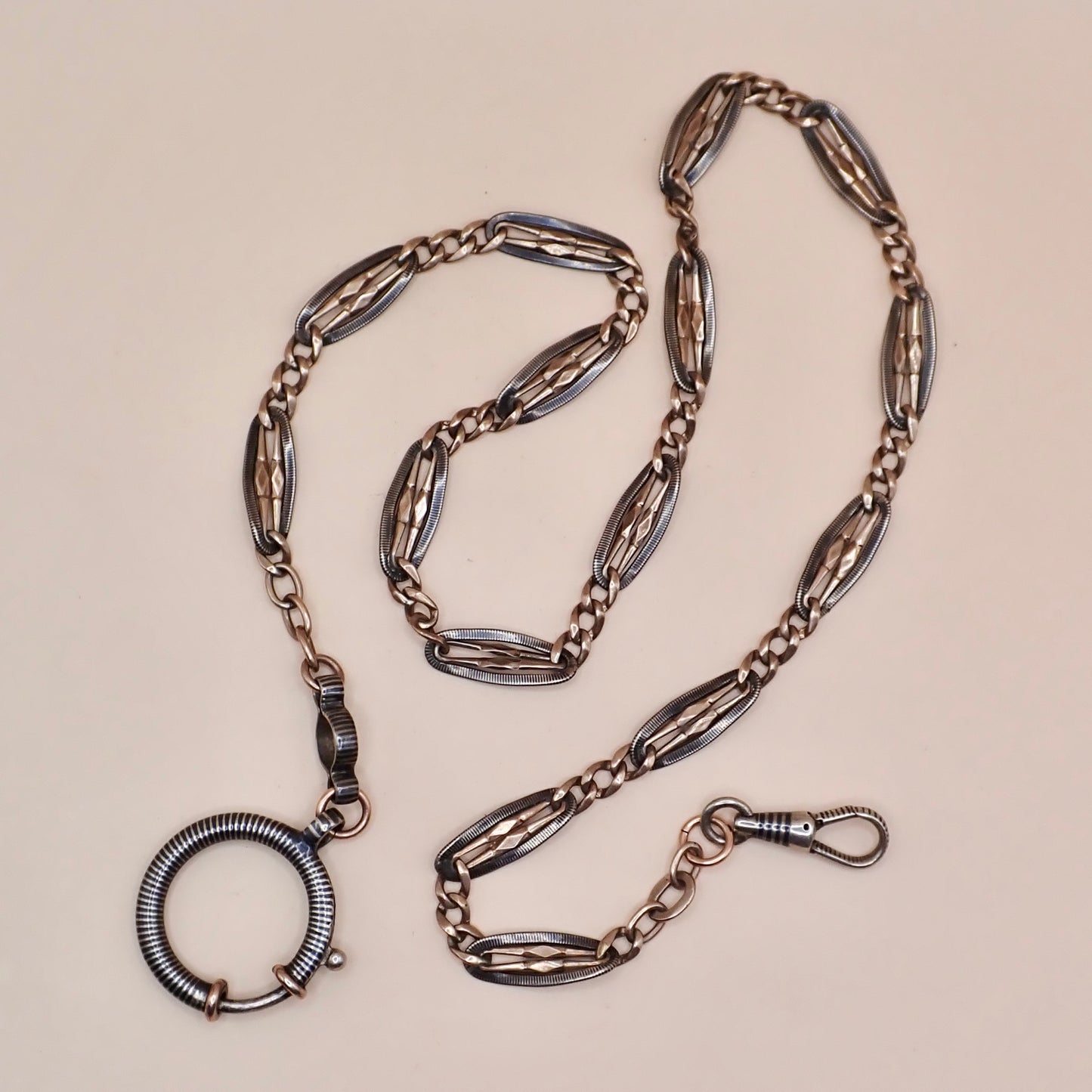 Antique Victorian .800 Silver & 9K Rose Gold Vermeil Niello Trombone Link Necklace MB66