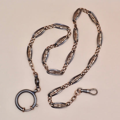 Antique Victorian .800 Silver & 9K Rose Gold Vermeil Niello Trombone Link Necklace MB66