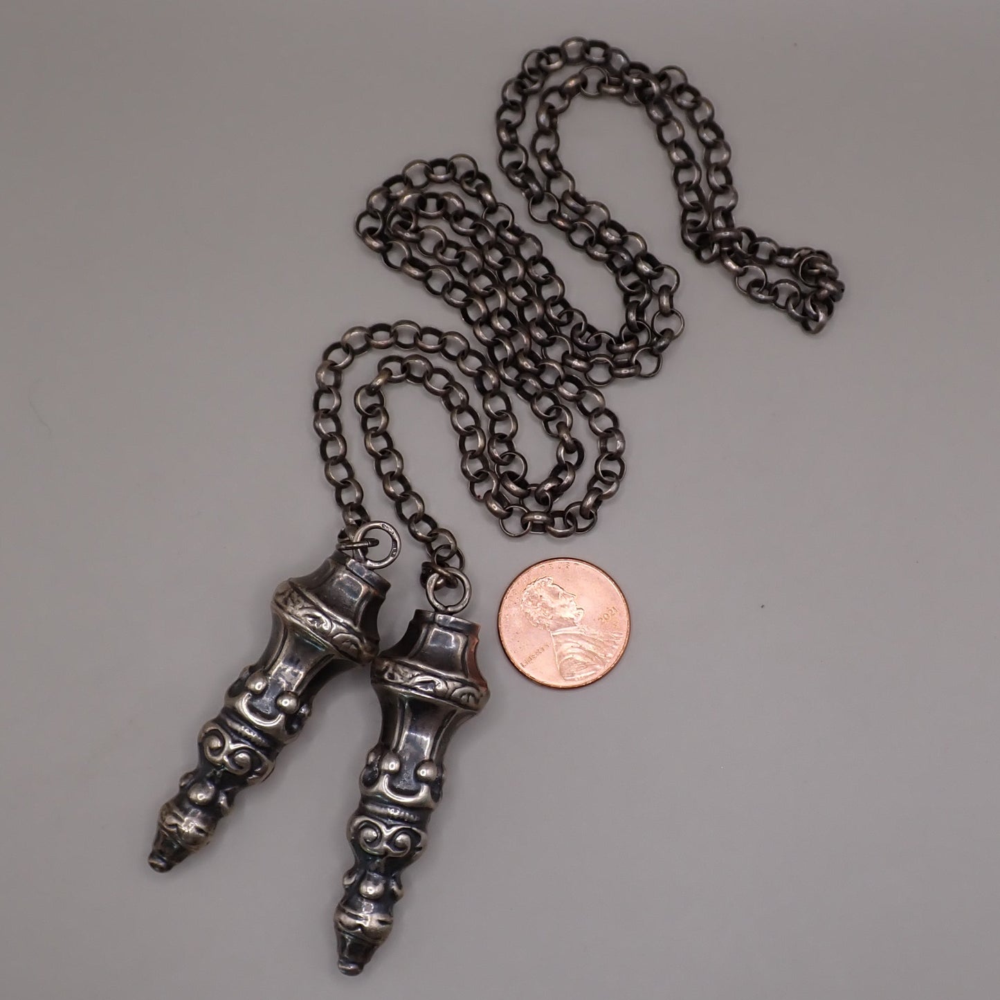 Antique Dutch 835 Silver Jasseron Chain with Ornate Needle Cap Pendants