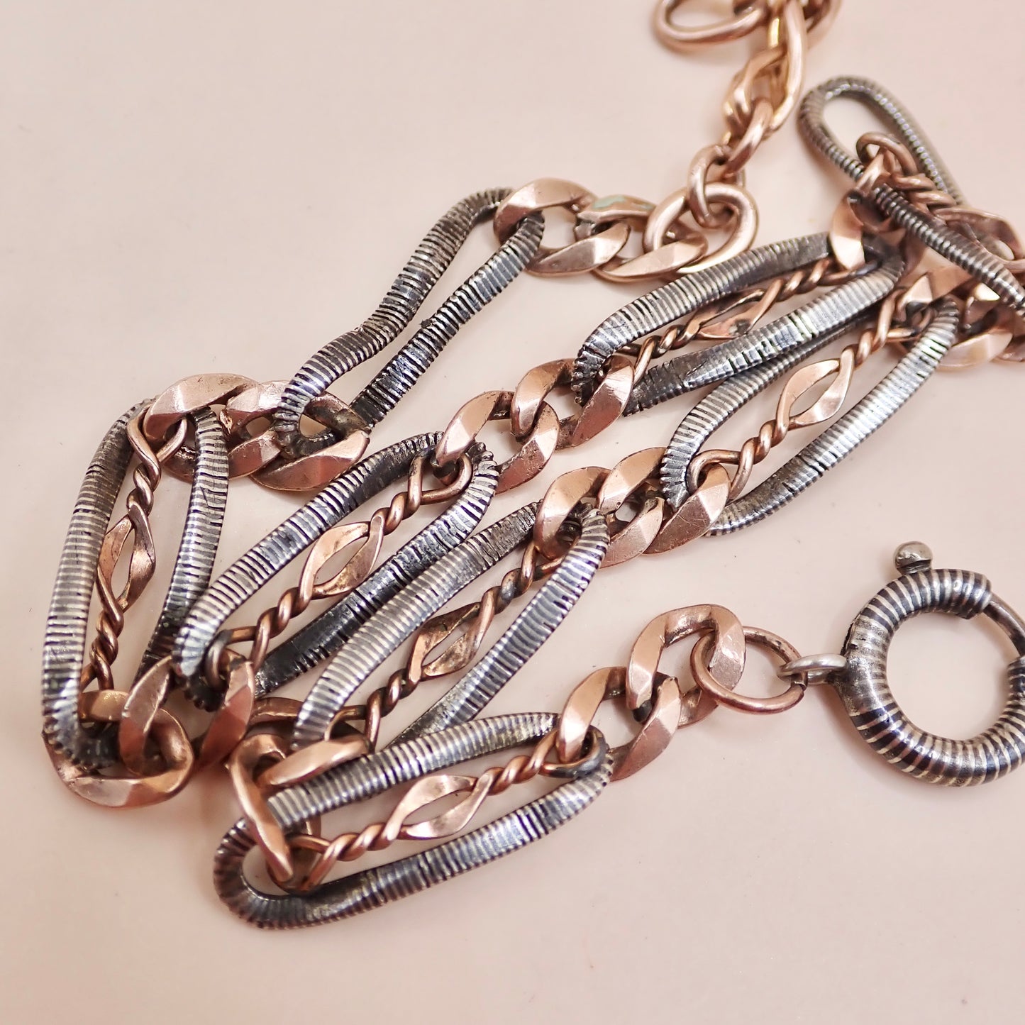 Antique Victorian Niello & 9k Rose Gold "Twisted Wire" Trombone Chain MB85