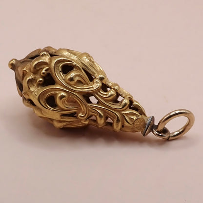 Mid-Century Solid 14K Yellow Gold Victorian Revival Filigree Lantern Cage Pendant