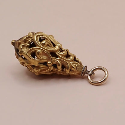 Mid-Century Solid 14K Yellow Gold Victorian Revival Filigree Lantern Cage Pendant