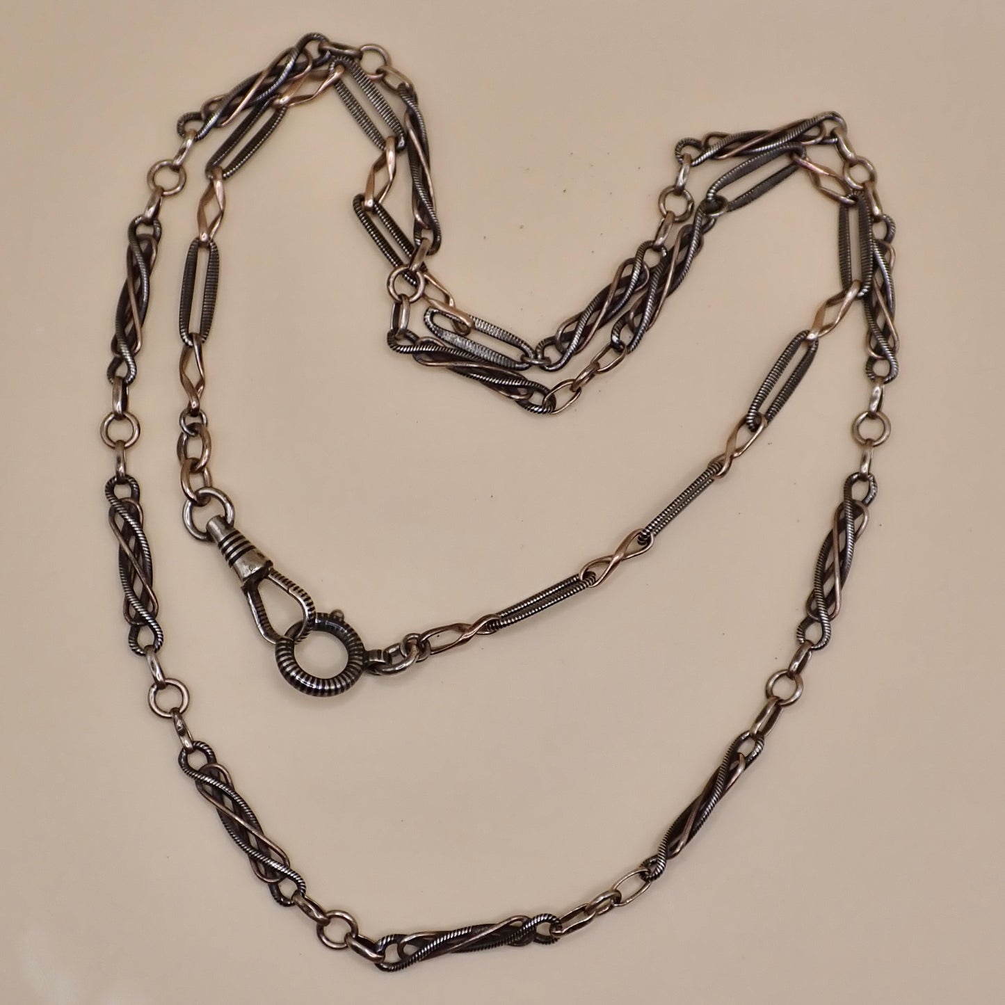 Converted Antique Victorian 800 Silver Niello & Rose Gold Vermeil Pocket Watch Chain Necklace MB74