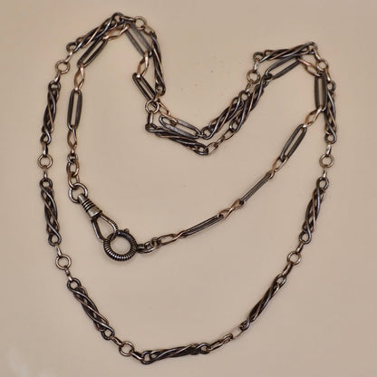 Converted Antique Victorian 800 Silver Niello & Rose Gold Vermeil Pocket Watch Chain Necklace MB74