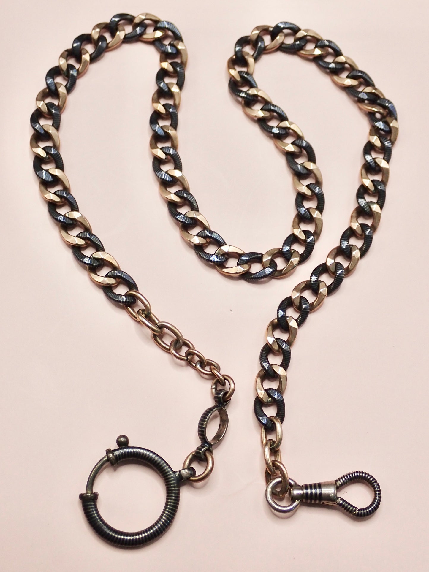 Antique Victorian 800 Niello Silver & 12k Rose Gold Watch Chain Necklace, 18.5"inches MBP5