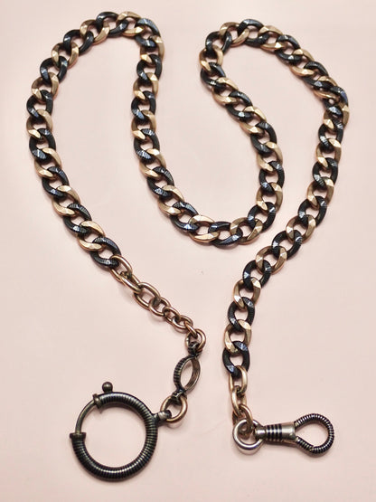 Antique Victorian 800 Niello Silver & 12k Rose Gold Watch Chain Necklace, 18.5"inches MBP5