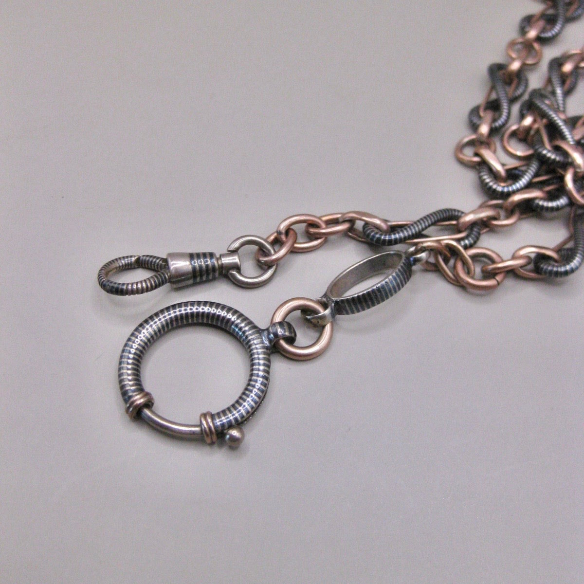 Antique Victorian 800 Silver Niello & 12k Rose Gold Vermeil Pocket Wactch Chain, 18-1/8”inches MBP1