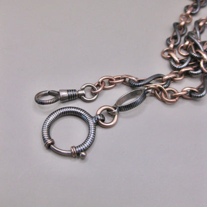 Antique Victorian 800 Silver Niello & 12k Rose Gold Vermeil Pocket Wactch Chain, 18-1/8”inches MBP1