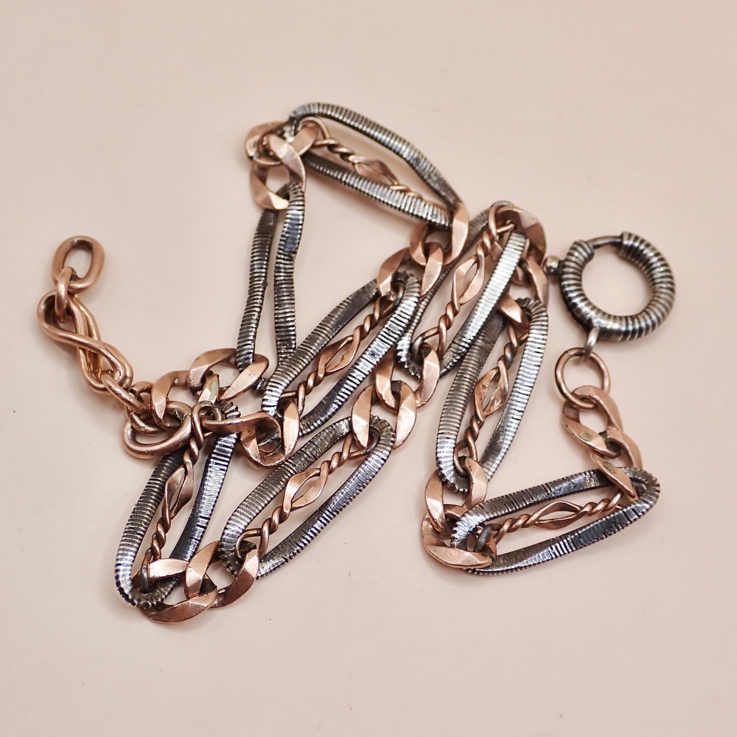Antique Victorian Niello & 9k Rose Gold "Twisted Wire" Trombone Chain MB85