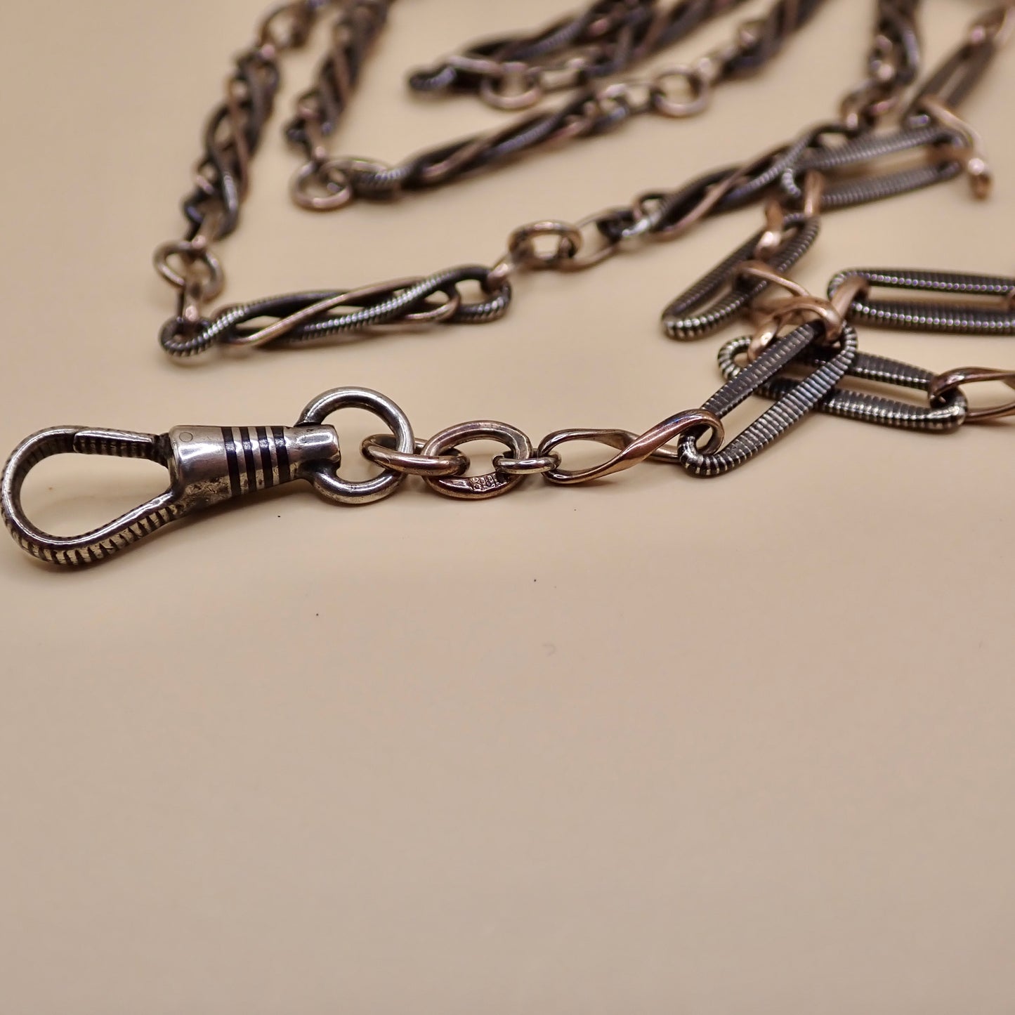 Converted Antique Victorian 800 Silver Niello & Rose Gold Vermeil Pocket Watch Chain Necklace MB74